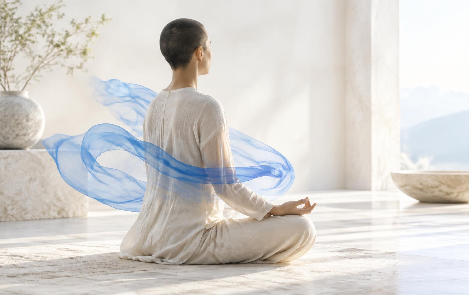 A seated practitioner breathing calmly in a bright studio with flowing blue fabric suggesting the movement of breath