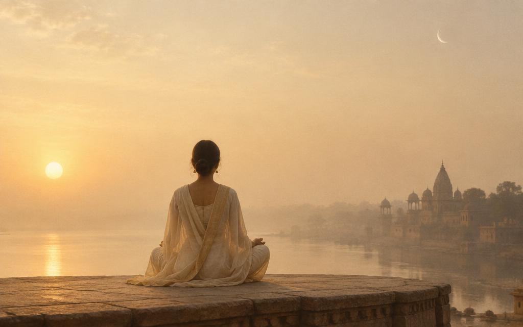 A woman meditating on a stone platform at dawn, the rising sun and a crescent moon in the same sky