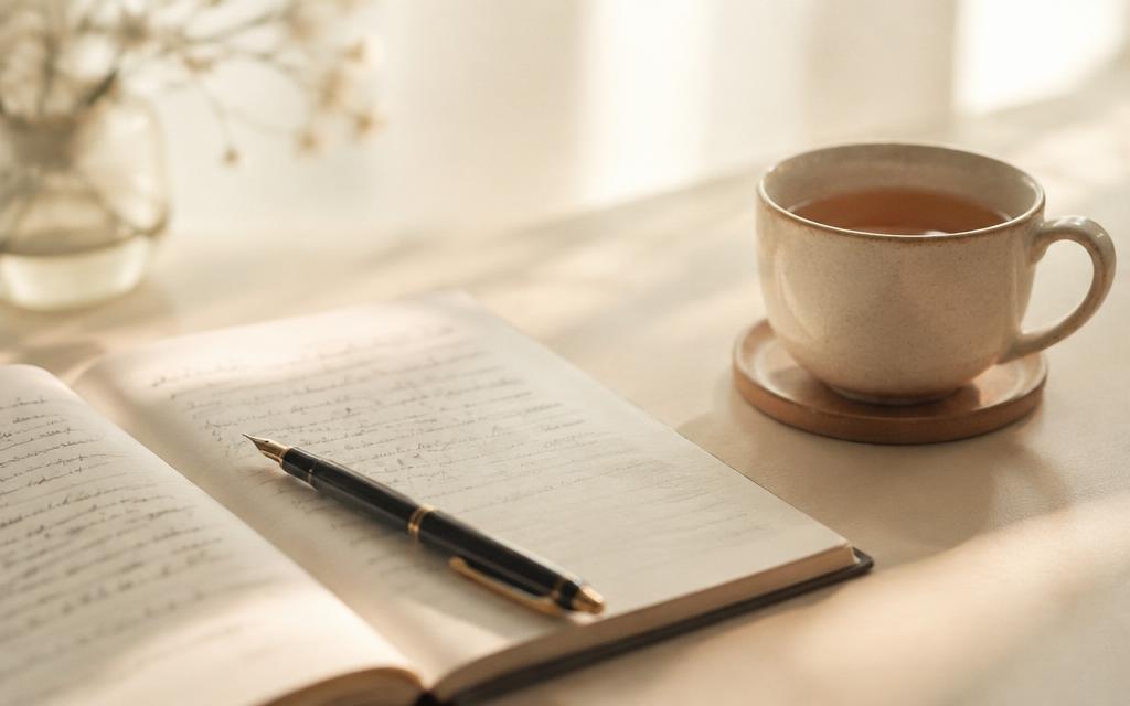 A fountain pen resting on an open journal beside a cup of tea