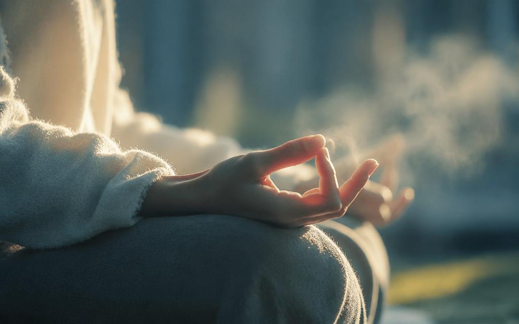 Hands resting in a meditative mudra in cool morning air