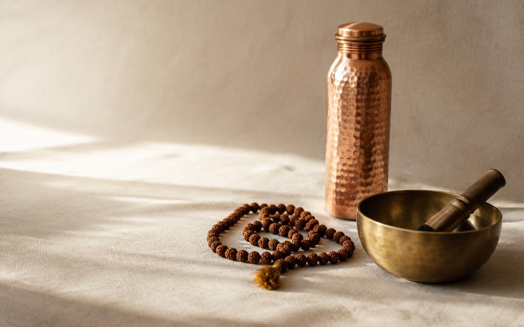 A rudraksha mala, copper bottle and singing bowl on linen
