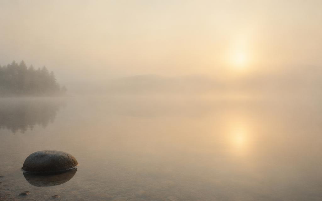 A still, misty lake at dawn with a single stone