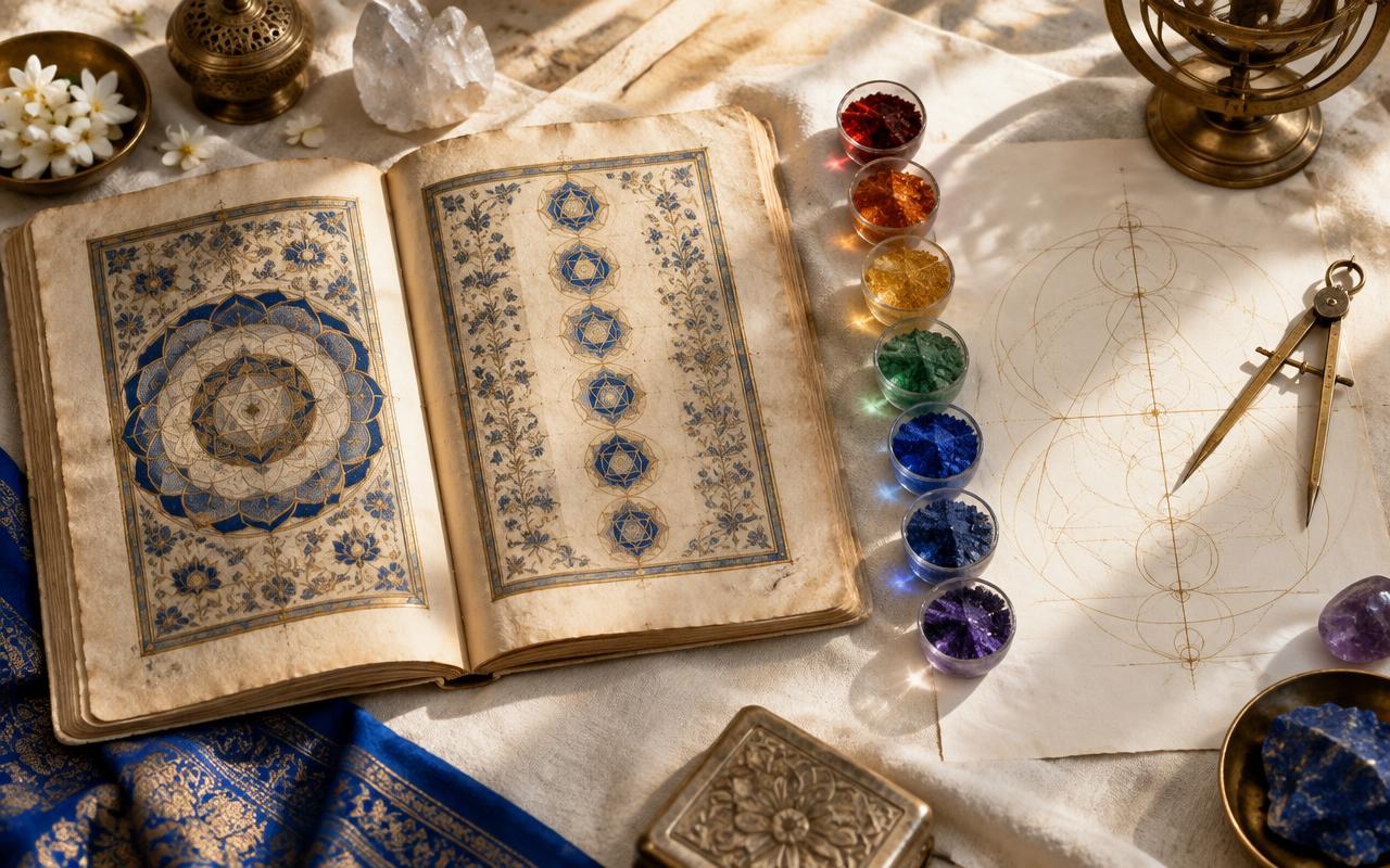 An open manuscript beside seven coloured mineral pigments and geometric drawings