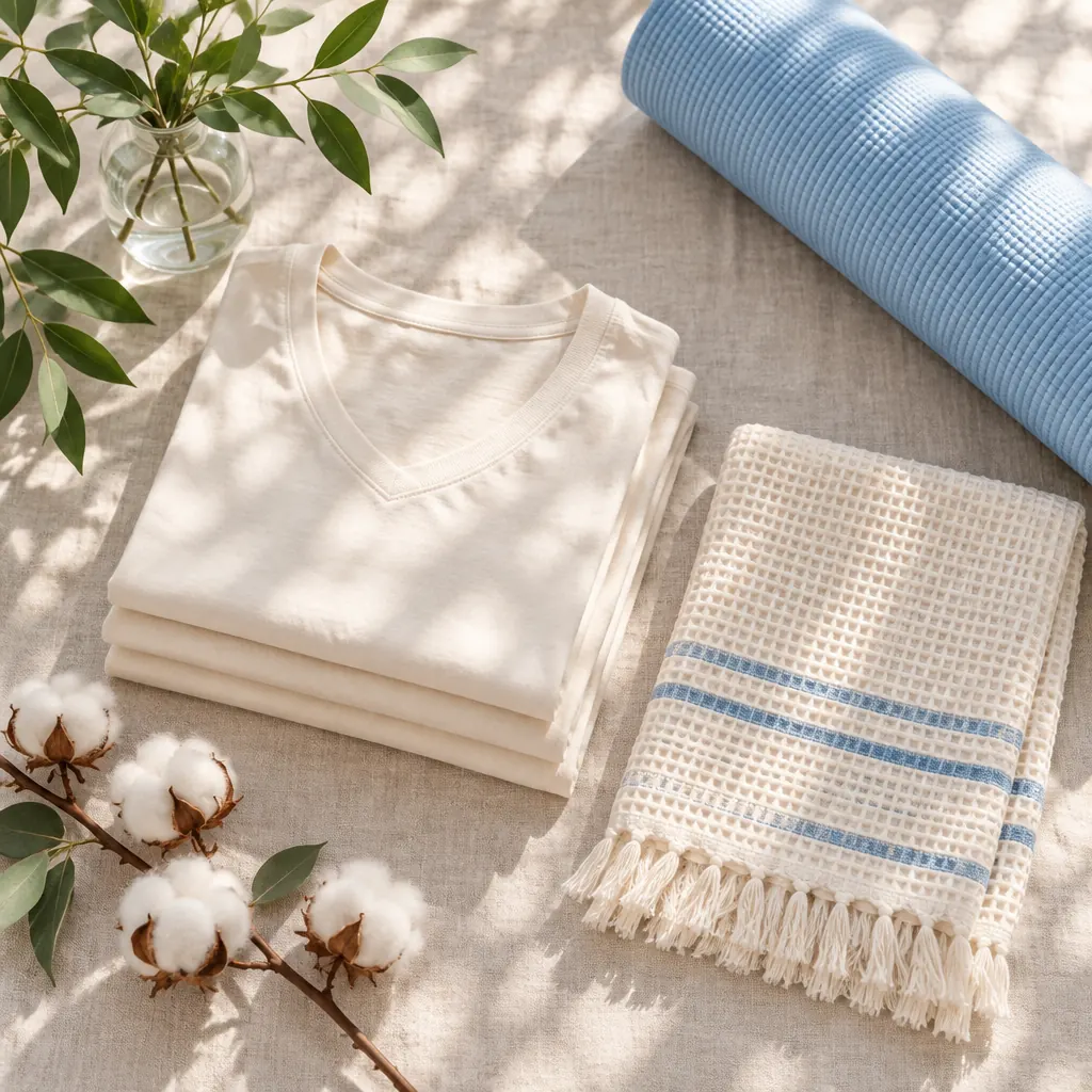 Folded organic cotton tops and a fringed towel beside a rolled pale blue yoga mat