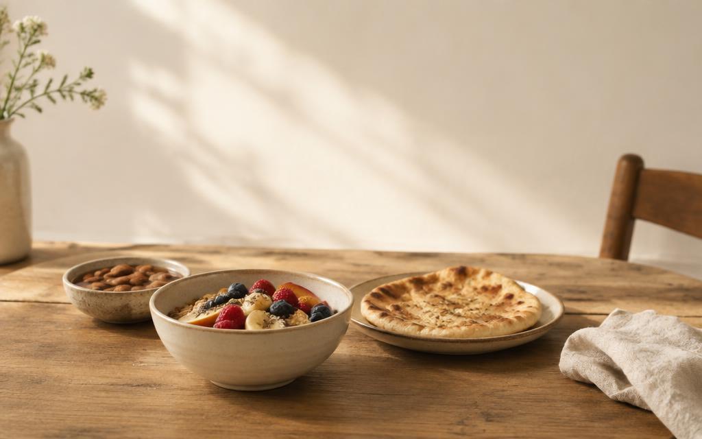 A simple bowl of fruit, grains and warm bread in morning light
