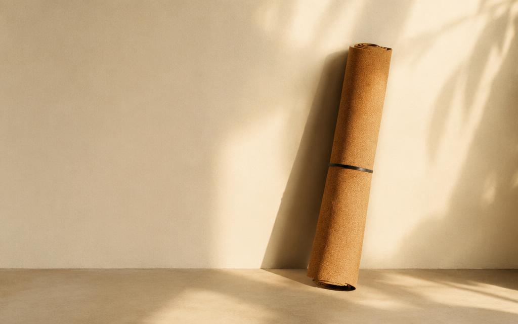A rolled natural cork yoga mat in soft morning sunlight