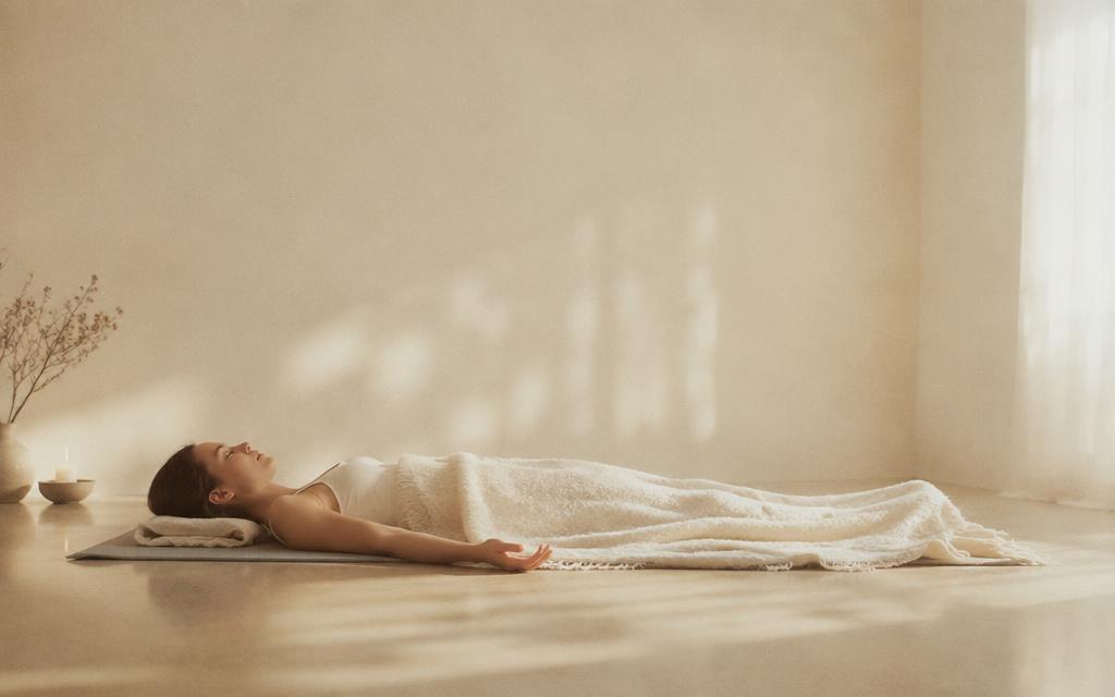 A person resting in savasana under a soft blanket