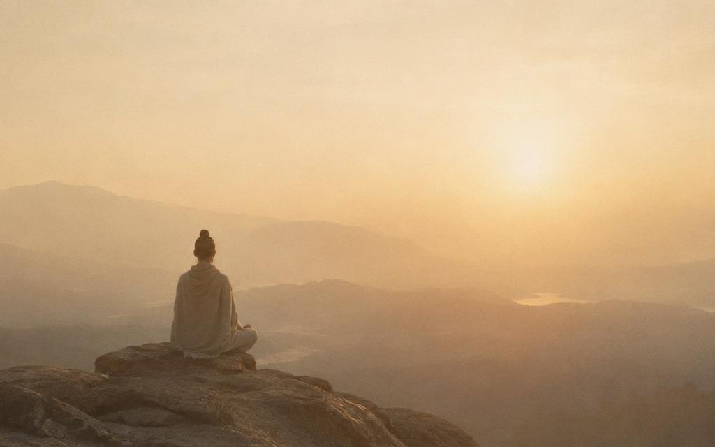 A figure seated in meditation at dawn above a sea of hills