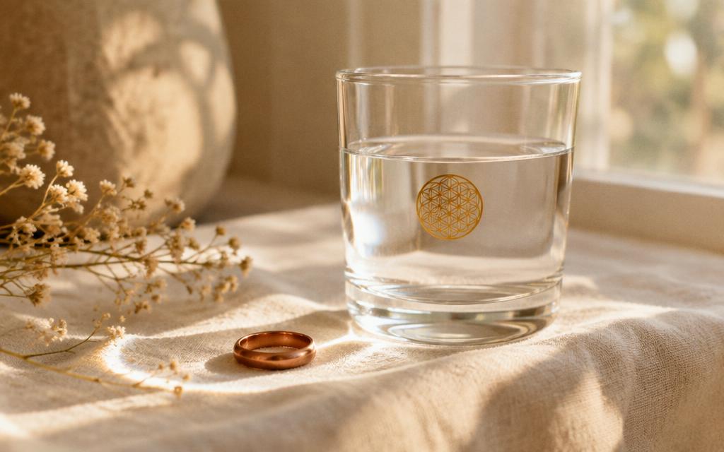 A copper ring beside a glass of water bearing a gold Flower of Life seal in morning light
