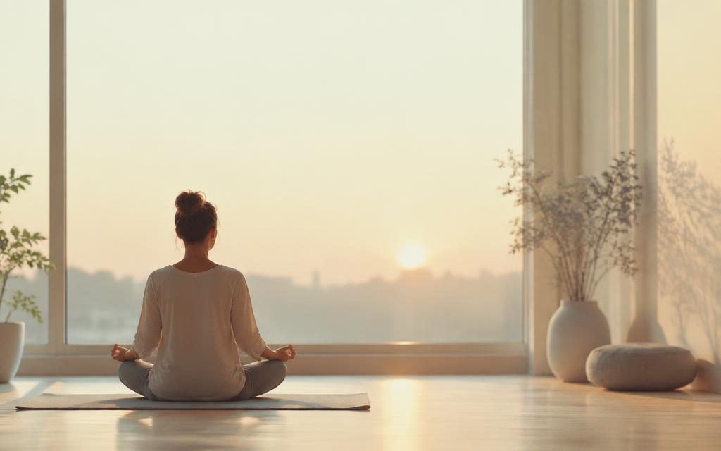 A beginner sitting cross-legged by a bright window at sunrise