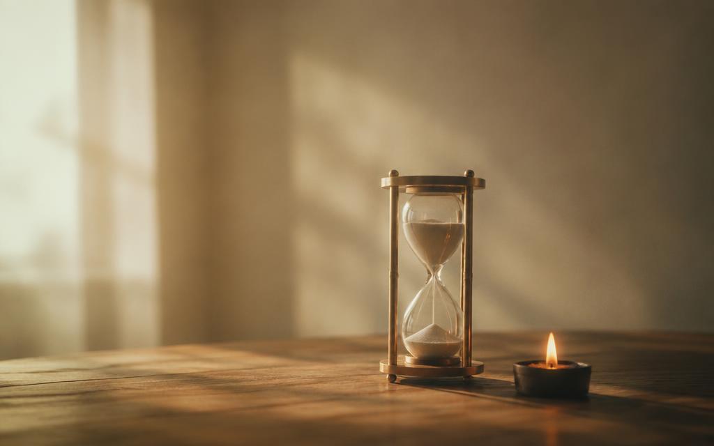 A brass hourglass and candle in warm dawn light